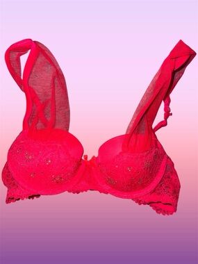 victoria secret red balconette bra sheer strap with bedazzle details